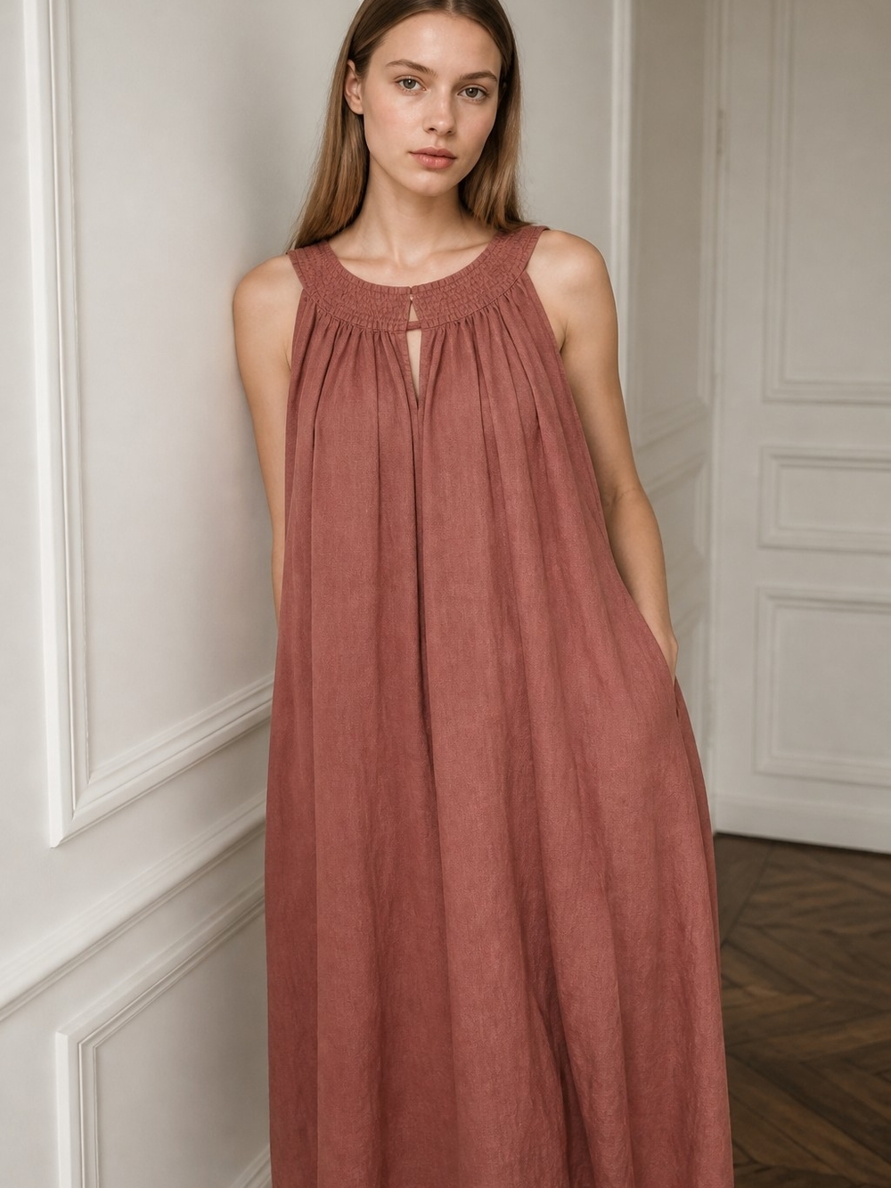 C.C Mauve-Rose Smocked Neck Dress